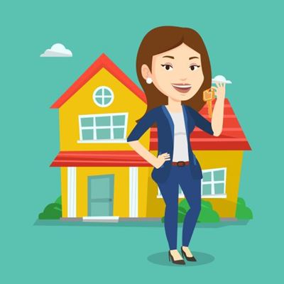 Woman in front of house cartoon